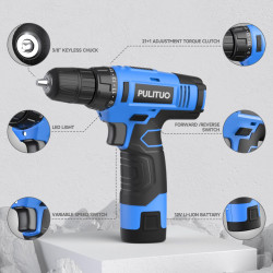 PULITUO 12V Blue Cordless Drill Set Power Drill Kit with Battery and Charger