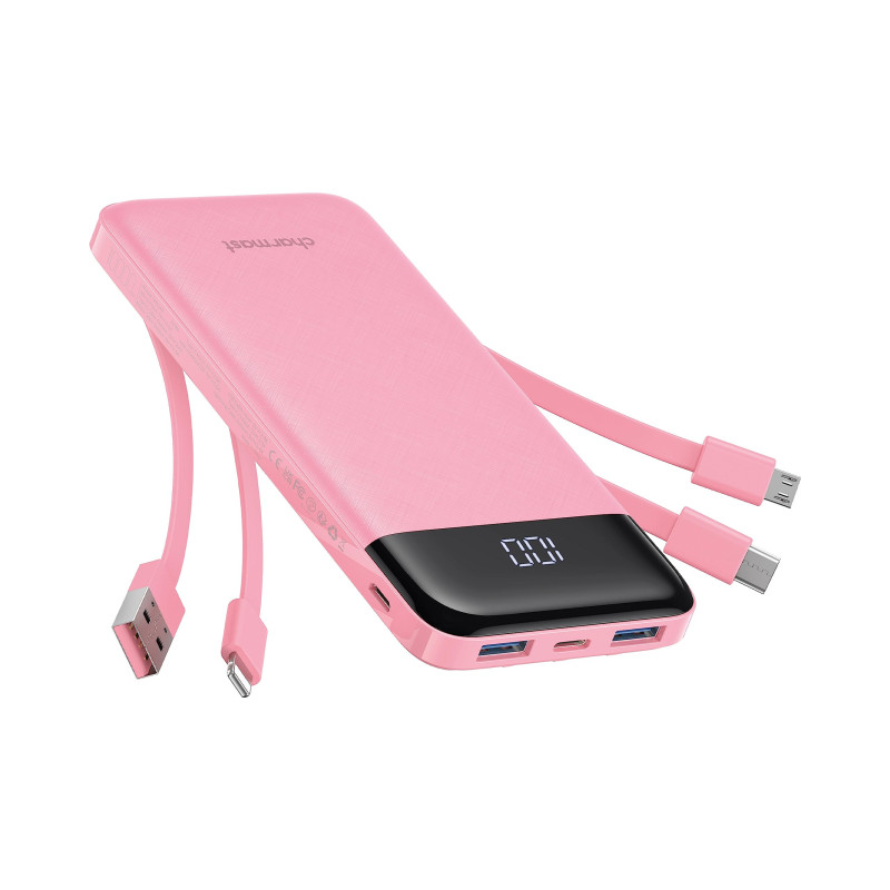 Portable Charger with Built in Cables, Portable Charger with Cords Wires Slim 10000mAh Travel Battery Pack 6 Outputs