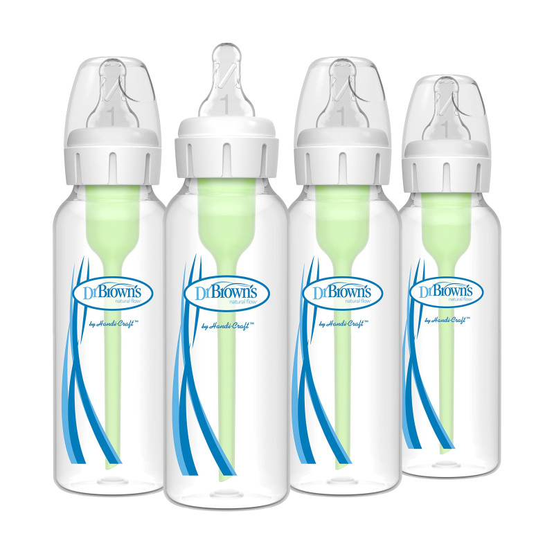 Dr. Brown's Natural Flow Anti-Colic Options+ Narrow Baby Bottle, 8 oz-250 mL, with Level 1 Slow Flow Nipple, 0m+, 4 count Dr. Brown's Natural Flow Anti-Colic Options+ Narrow Baby Bottle, 8 oz-250 mL, with Level 1 Slow Flow Nipple, 0m+, 4 count