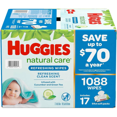 Huggies Natural Care Sensitive Baby Wipes, Unscented, Hypoallergenic, 99_ Purified Water, 12 Flip-Top Packs (768 Wipes Total)